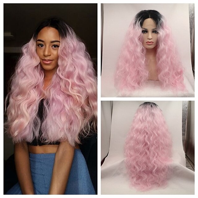 Synteettiset pitsireunan peruukit Kinky Curly Kardashian Tyyli Monofilamentti / L-muotoinen / puolet Suojuksettomat Peruukki Vaaleanpunainen Pinkki Synteettiset hiukset Naisten Heat Resistant