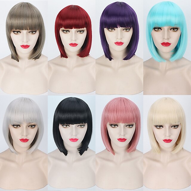  Synthetic Wig Straight Straight Bob With Bangs Wig Short Silver Blonde Grey Pink Blue Synthetic Hair Women's Red Blonde Pink