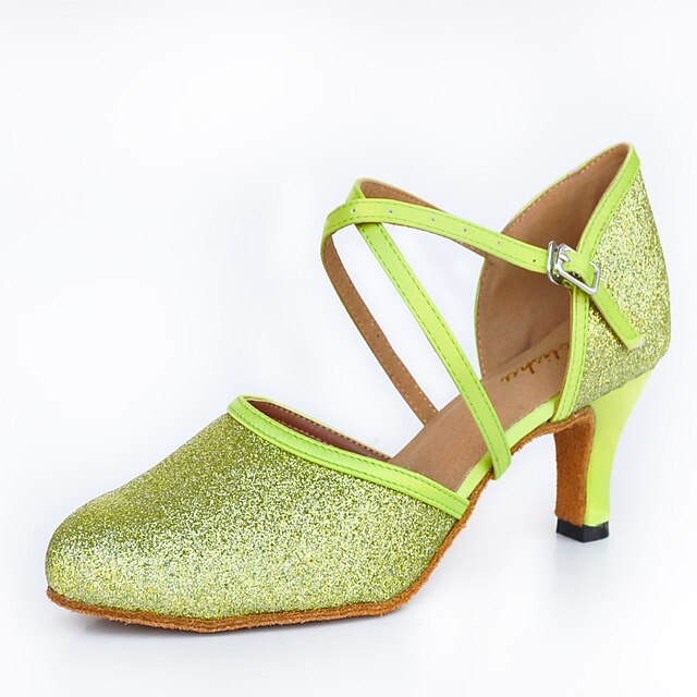  Women's Latin Shoes Sparkling Glitter / Leather / Satin Heel Sparkling Glitter / Buckle Customized Heel Customizable Dance Shoes Green / Indoor / Performance / Practice