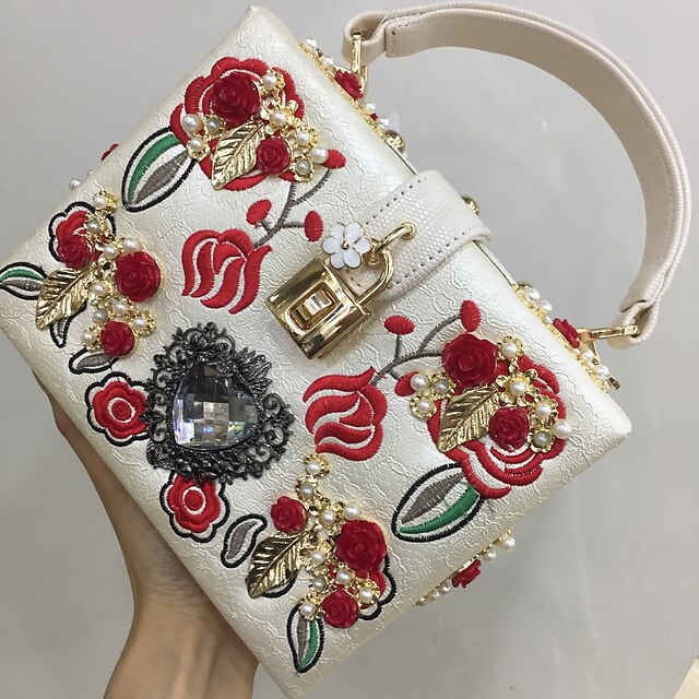  Women's Leather Bags Handbags PU Leather Metal Crystal / Rhinestone Flower Artwork Floral Print Wedding Event / Party Formal White