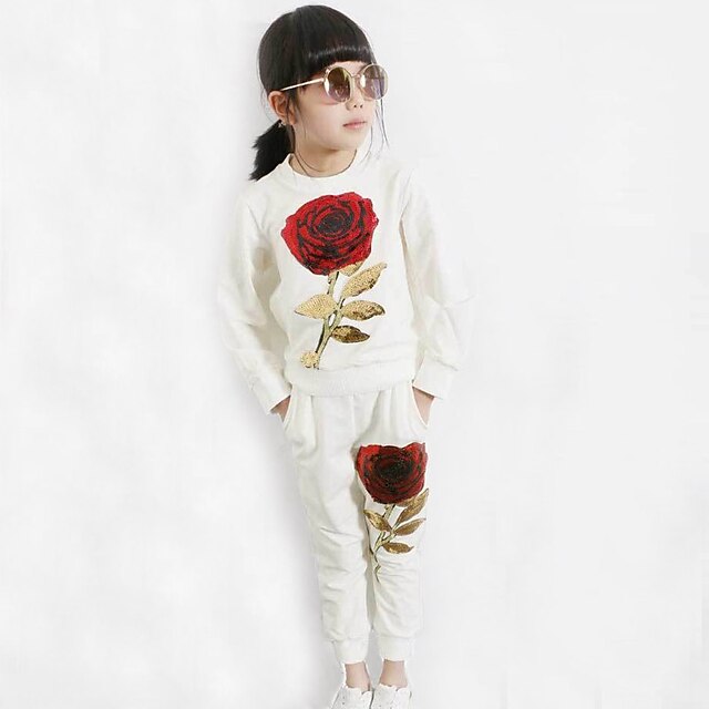  Toddler Girls' Cartoon Daily Sports School Embroidered Long Sleeve Short Clothing Set White