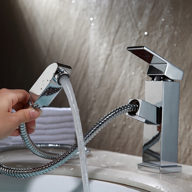  Fürdőszoba mosogató csaptelep - FaucetSet / Kihúzható kézi permetező csap Króm Három lyukas Egy fogantyú egy lyukkalBath Taps