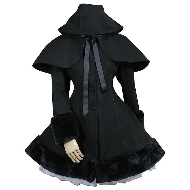  Princess Winter Sweet Lolita Cape Coat Lace Women's Coat Cosplay Black Long Sleeve Medium Length Halloween Costumes