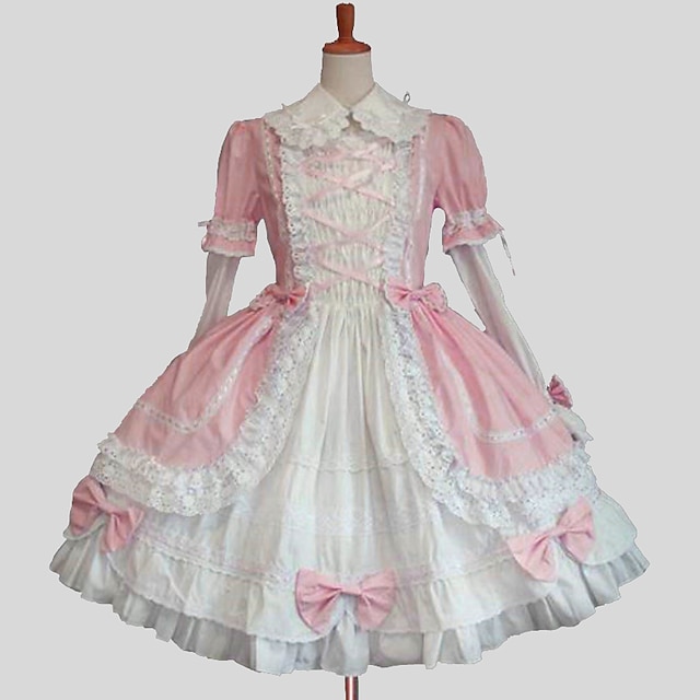  Princess Sweet Lolita Vacation Dress Dress Women's Girls' Cotton Japanese Cosplay Costumes Plus Size Customized Blue / Pink Ball Gown Solid Colored Long Sleeve Knee Length / Laces