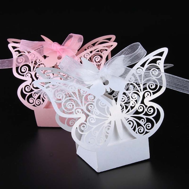  Wedding Butterfly Theme Favor Boxes Pearl Paper Ribbons 50