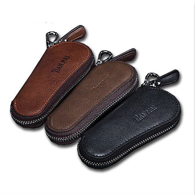  Men's Cowhide Key Holder Wallet Zipper Solid Colored Logo Sports Outdoor Black Brown