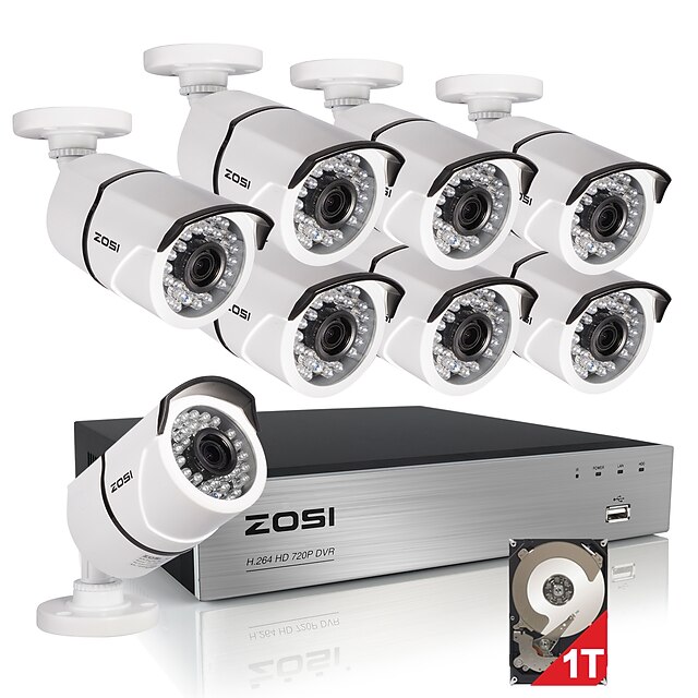  zosi® 8 csatornás HDMI 1080p DVR 1TB HDD 8x külső 2.0MP vízálló IR-cut csőkamera biztonsági készlet CCTV rendszerek