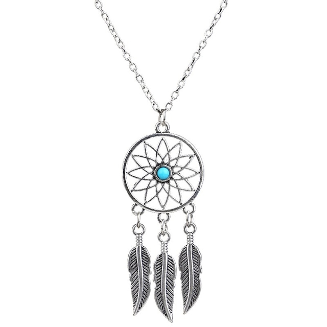  Women's Turquoise Pendant Necklace Y Necklace Tassel Fringe Leaf Wings Flower Dream Catcher Ladies Tassel Basic Bohemian Gold Plated Turquoise Alloy Silver Necklace Jewelry For Christmas Gifts Party