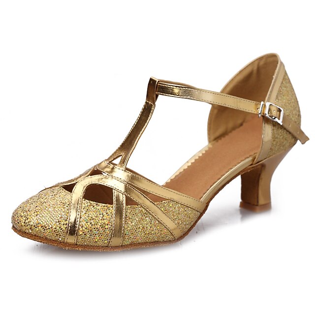  Mujer Zapatos de Baile Latino / Salón Lentejuelas / Cuero Patentado / Semicuero Hebilla Sandalia Hebilla Tacón Cubano Personalizables Zapatos de baile Dorado / Plateado / Interior / Rendimiento