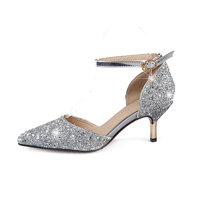  Women's Heels Wedding Office & Career Party & Evening Summer Buckle Sequin Stiletto Heel Pointed Toe Glitter Silver Gold
