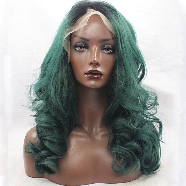  Synthetic Lace Front Wig Loose Wave Loose Wave Lace Front Wig Long Green Synthetic Hair Women's Dark Roots Natural Hairline Middle Part Green