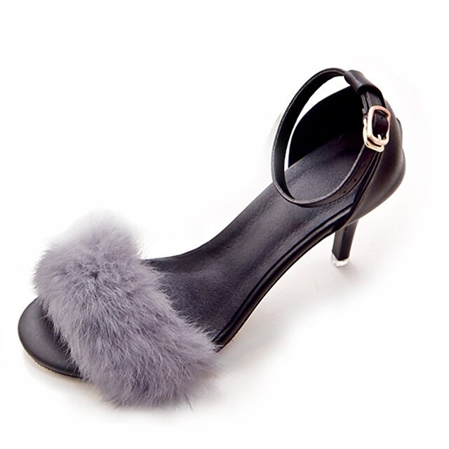  Women's Fur Summer Comfort / Slingback / Slouch Boots Sandals Walking Shoes Stiletto Heel Open Toe Pom-pom Black / Gray / Pink