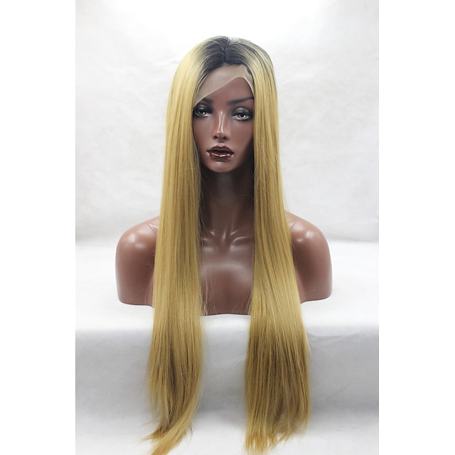  Lănțișoare frontale din sintetice Drept Drept Față din Dantelă Perucă Blond Galben Păr Sintetic Pentru femei Rădăcini Închise Linia naturală de păr Perucă Americană Africană Blond