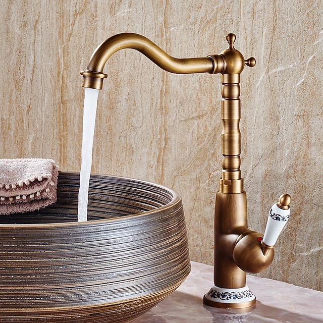  Waschbecken Wasserhahn, Antik-Messing-Einhand-Einloch-Badarmaturen, drehbarer Keramikgriff im Retro-Stil mit Heiß- und Kaltschalter