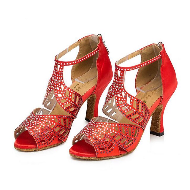  Mujer Zapatos de Baile Latino / Zapatillas de Baile / Zapatos de Baile Moderno Semicuero Zapatilla Pedrería Tacón Cuadrado Personalizables Zapatos de baile Negro / Rojo / Almendra / Cuero
