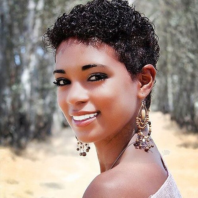  Human Hair Blend Wig Short Curly Pixie Cut Short Hairstyles 2020 Berry Curly Short Natural Black African American Wig Capless Women's Natural Black #1B