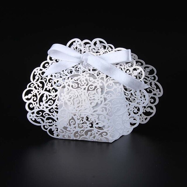  Round / Square Pearl Paper Favor Holder with Ribbons / Printing Favor Boxes - 50