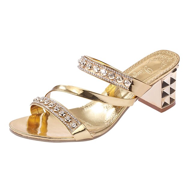  Women's Heels Glitter Crystal Sequined Jeweled Block Heel Sandals Rivet Low Heel Comfort PU Spring Summer Silver Gold