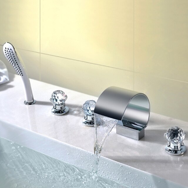  Bathroom Sink Faucet - Waterfall Chrome Deck Mounted Three Handles Five HolesBath Taps / Brass