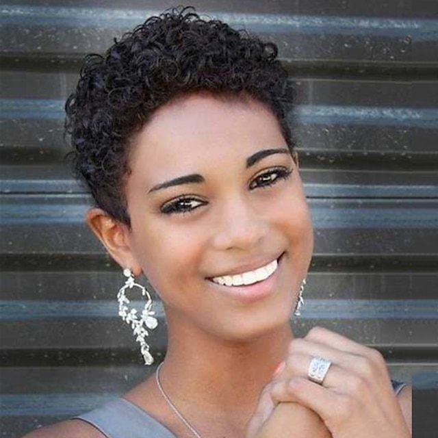  Ihmisen hiussekoitus Peruukki Lyhyt Kihara Pixie-leikkaus Lyhyt kampaus 2020 Marja Kihara Lyhyt Afro-amerikkalainen peruukki Koneella valmistettu Naisten Musta Tumma burgundi Keskiruskea