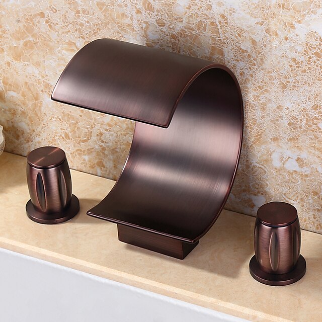  torneira de pia de banheiro de aço inoxidável, cascata generalizada de bronze polido a óleo, duas alças, três furos