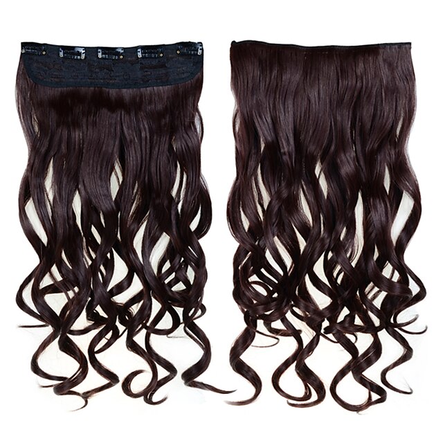  fashionable syntetisk hår 5 klip klip i 1 stykke kvinders 60cm 24 inches 120g lang syntetisk krøllet bølget hår # 4 brune