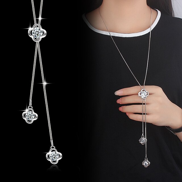  Pendant Necklace Y Necklace Lariat Flower Ladies Basic Fashion Blinging Cubic Zirconia Silver Plated Alloy Silver Necklace Jewelry For Party Wedding Special Occasion Birthday Casual Daily