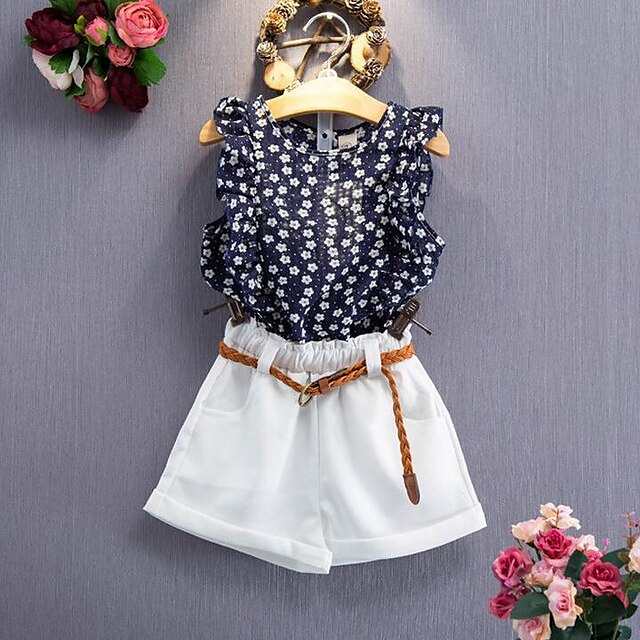  Toddler Girls' Floral Daily Floral Sleeveless Regular Clothing Set Navy Blue