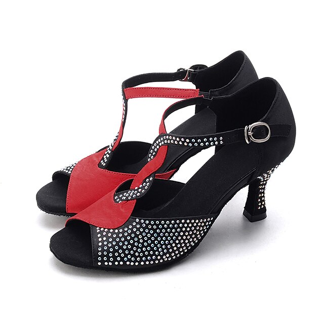  Mujer Zapatos de Baile Latino / Zapatos de Jazz / Zapatos de Baile Moderno Tela Elástica Hebilla Sandalia / Tacones Alto Pedrería / Hebilla Tacón Carrete Personalizables Zapatos de baile Rojo-Negro