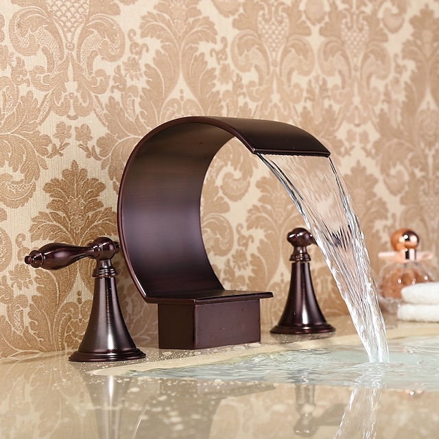  utbredd blandare för handfat i badrummet, två handtag med tre hål, vattenfall i mässing med oljegnidad bronsbadkranar