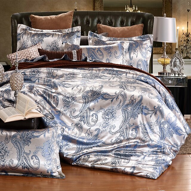  dynetrekk setter luksuriøse jacquard av silke / bomull i 4 deler sengetøy (1 dynetrekk, 1 flatt ark, 2 shams) / dronning, i full størrelse