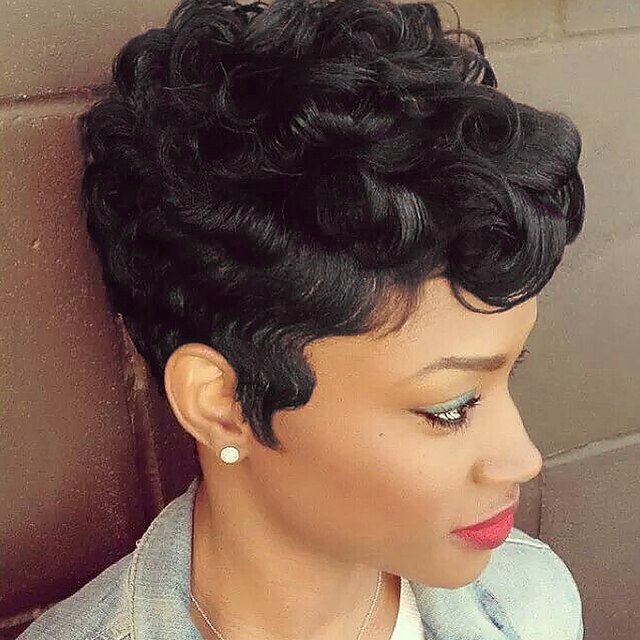  Human Hair Blend Wig Short Natural Wave Pixie Cut Layered Haircut Short Hairstyles 2020 With Bangs Berry Natural Wave African American Wig Machine Made Women's Jet Black #1