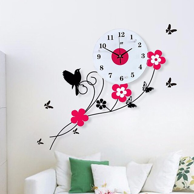 Pastoral Birds Flowers Mute Quartz Bedroom Child Watch Large Wall Clock Horloge Murale Reloj de Pared Wanduhr