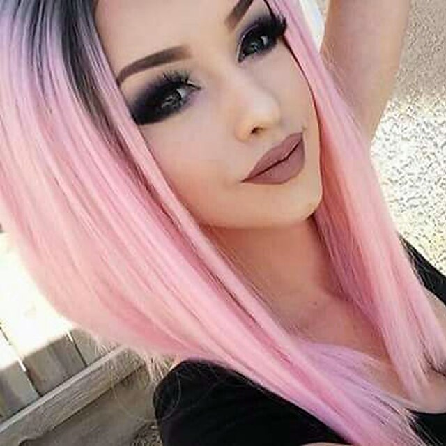  Synthetic Lace Front Wig Straight Straight Bob Lace Front Wig Pink Pink Synthetic Hair Women's Middle Part Bob Natural Hairline Pink