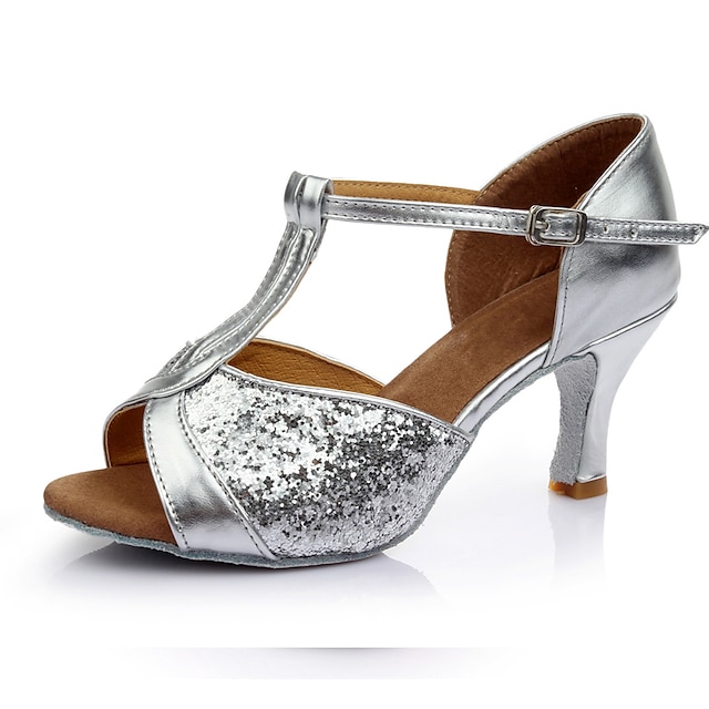  Damen Schuhe für den lateinamerikanischen Tanz Salsa Schuhe Innen Satin Sandalen Einheitliche Farbe Schnalle T-Riemen Schwarz Silber Braun