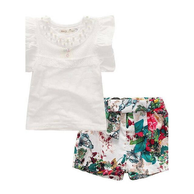  Kinder Baby Mädchen Kleidungsset Kurzarm Weiß Blumen Patchwork Täglich Standard / Sommer