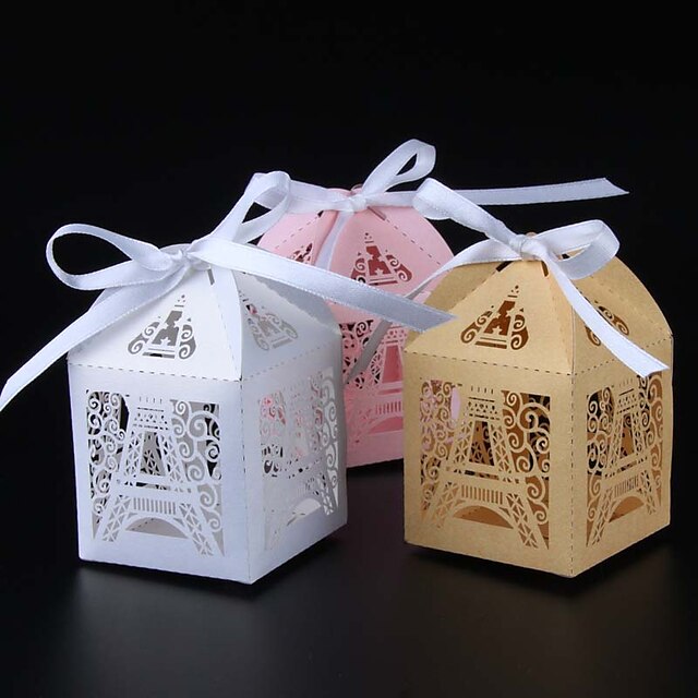  Round / Square / Cuboid Pearl Paper Favor Holder with Ribbons / Printing Favor Boxes - 50