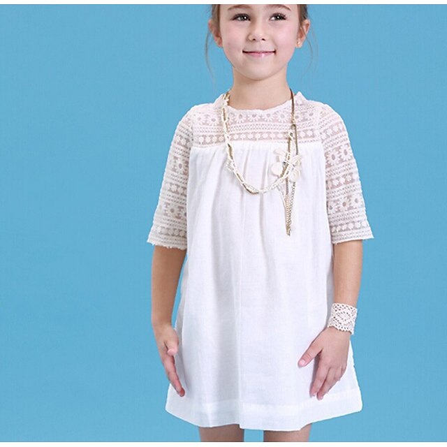  Παιδιά Λίγο Κοριτσίστικα Φόρεμα Μονόχρωμο Λευκό Μισό μανίκι Φορέματα Καλοκαίρι Κανονικό