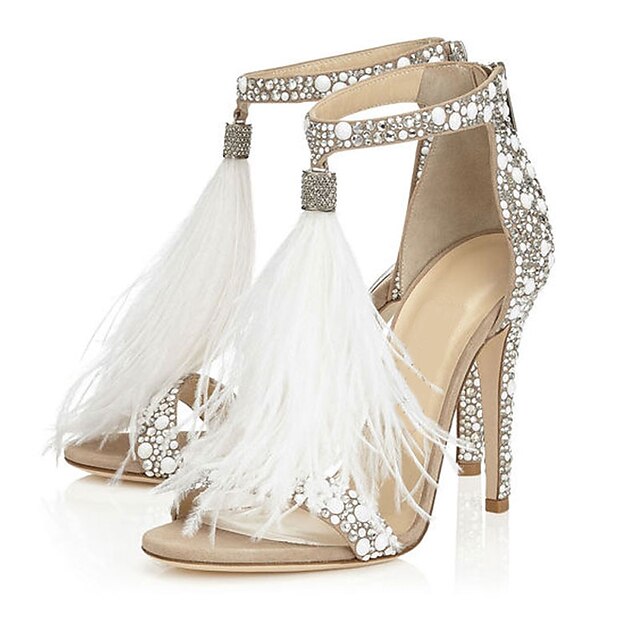  Pentru femei Sandale Sandale de cristal Toc Stilat Pantofi vârf deschis Perle / Franjuri Lână Primăvară / Vară Alb / Nuntă / Party & Seară / Party & Seară