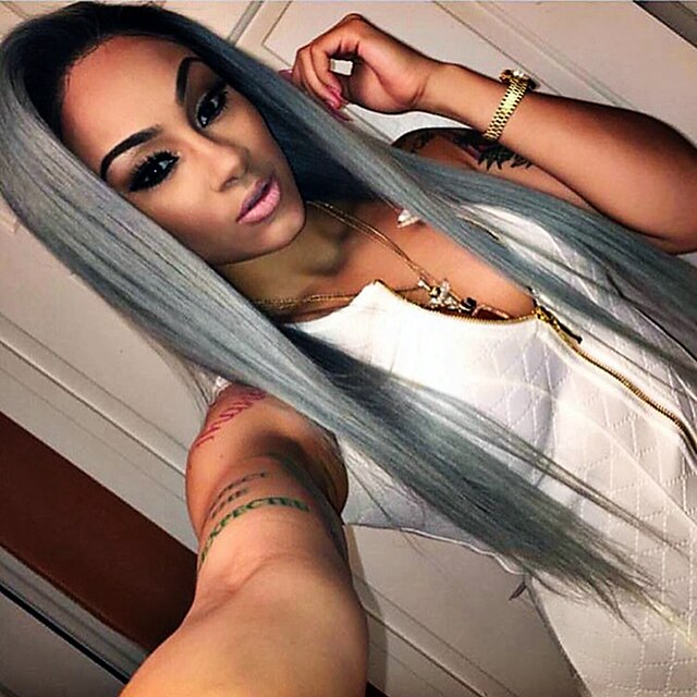  Synthetic Lace Front Wig Straight Straight Lace Front Wig Long Black / Grey Synthetic Hair Women's Natural Hairline Gray