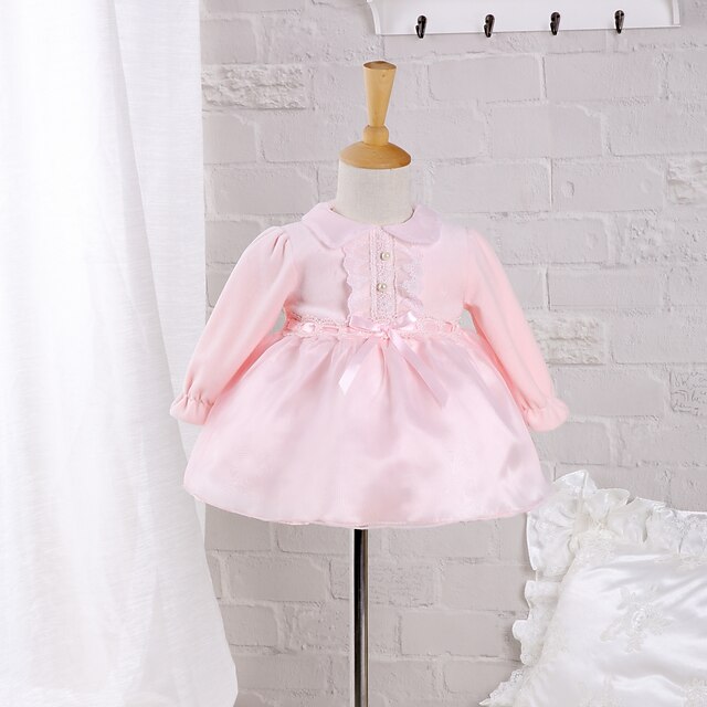  Baby Girls' Bow Daily / Going out Solid Colored Long Sleeve Cotton Dress Blushing Pink