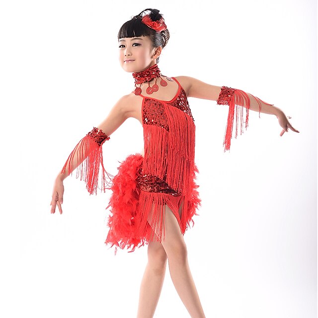  Sukienka do tańca latynoamerykańskiego z frędzlami i błyskotkami, bez rękawów, z naturalnego włókna mlecznego