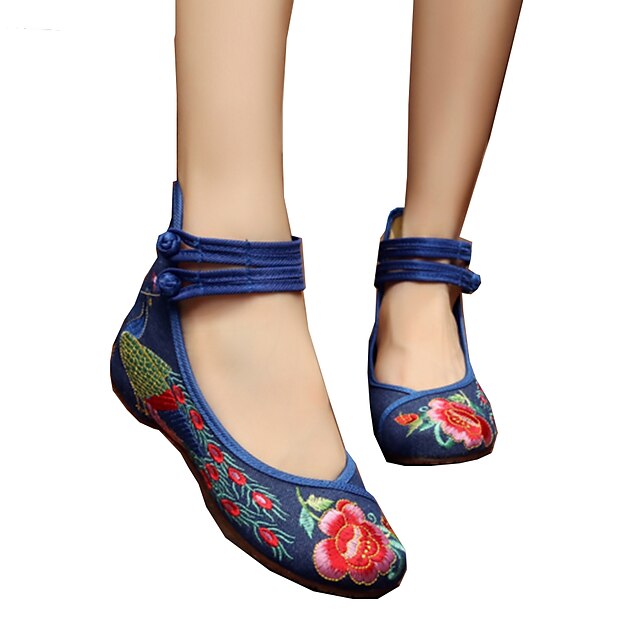  Women's Flats Embroidery Flat Heel Round Toe Chinoiserie Daily Canvas Ankle Strap Fall Spring Summer Floral Black Green Navy Blue
