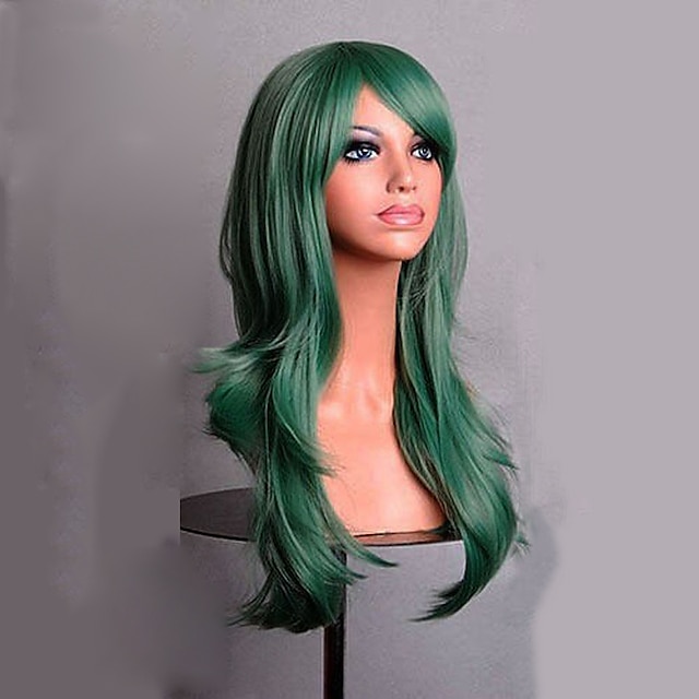 grønne parykker for kvinner syntetisk parykk cosplay parykk med smell lang blond/blå/lilla/rød syntetisk hår parykker halloween parykk