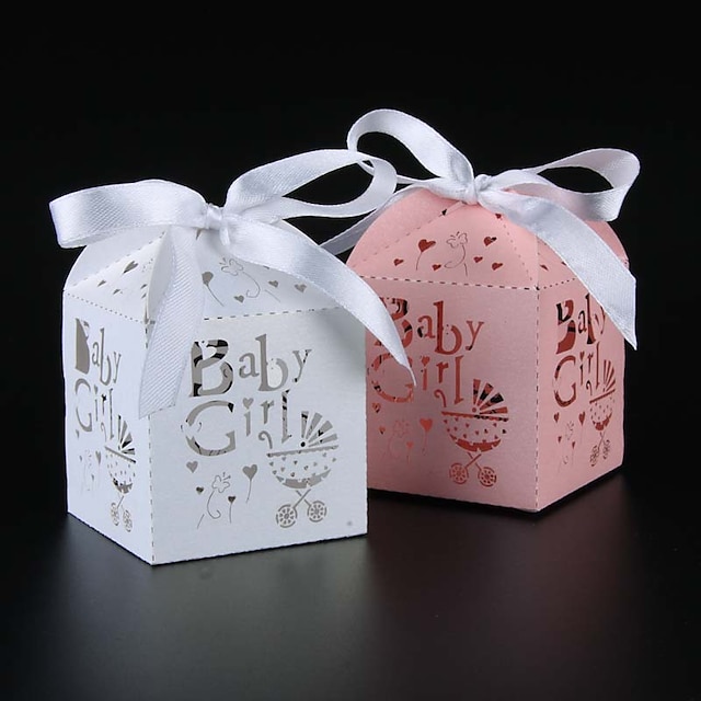  Cuboid Pearl Paper Favor Holder with Ribbons Favor Boxes - 50