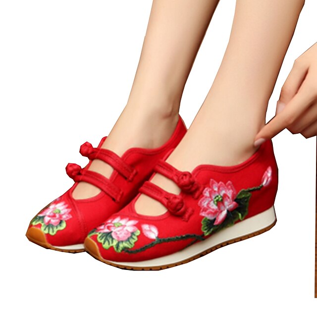  Women's Shoes Canvas Spring Summer Embroidered Shoes Novelty Comfort Oxfords Walking Shoes Flat Heel Round Toe Buckle Flower for Athletic