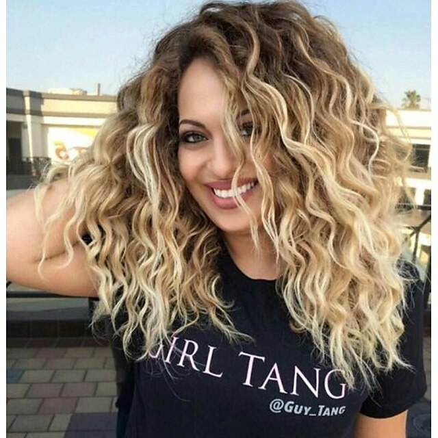  Synthetic Wig Curly Wavy Curly Wig Blonde Medium Length Brown Blonde Synthetic Hair Women's Ombre Hair Dark Roots Middle Part Blonde
