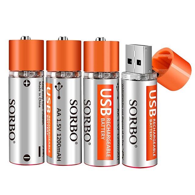  SORBO AA Lithium Battery 1.5V 1200mAh 4 Pack USB