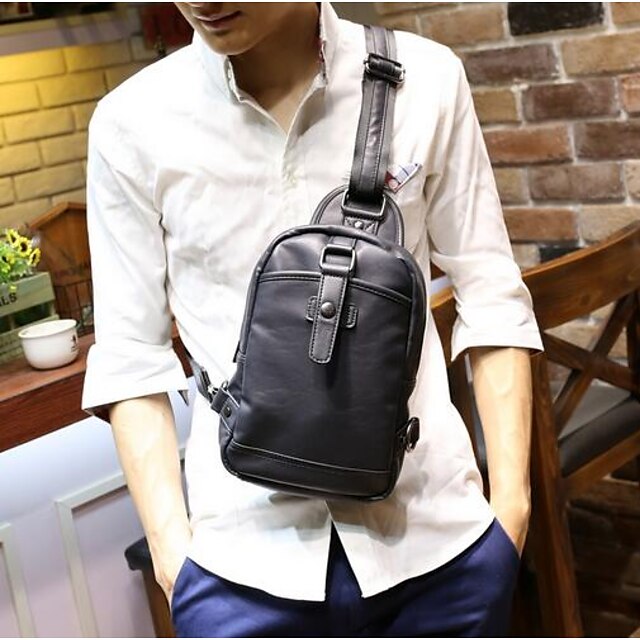  Men's Bags PU leatherette Sling Shoulder Bag Zipper for Casual Fall Black