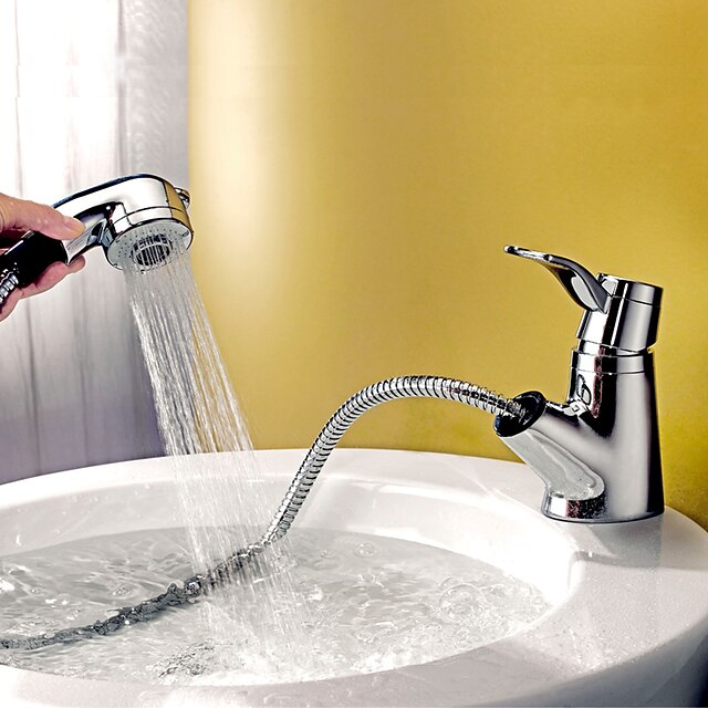 Bathroom Sink Faucet Pullout Spray Chrome Centerset Single Handle One